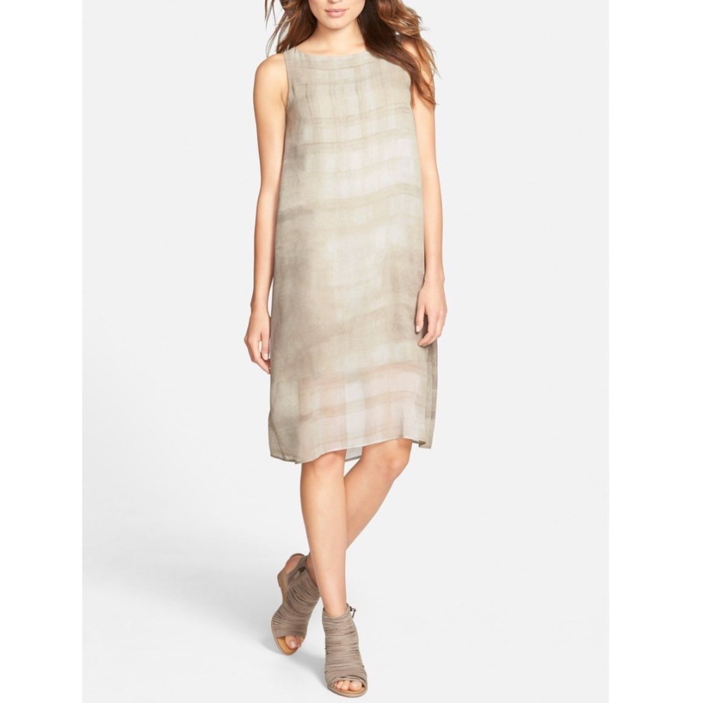 NWT $288 Eilleen Fisher Boatneck Silk Shift Dress Cobblestone‎ [SZ Small ]
